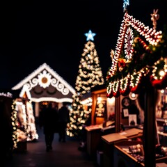 Obraz premium A christmas market with a christmas tree in the background Bokeh light lights background bokeh abstract light bright effect shiny