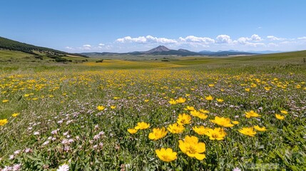 Fototapeta premium Sunny Meadow with Mountain Background