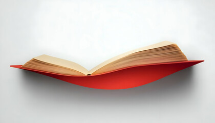 Open book on red curved shelf against white wall.  Possible use education, interior design