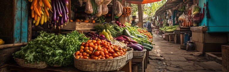 A lively market stall showcases an array of fresh seasonal vegetables, featuring rich colors and textures. Shoppers browse and select their favorites amidst a vibrant atmosphere