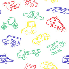 Seamless vector pattern with cars. Hand draw funny cars in sketch style. Naive childish style. Doodle style line art. Drawing for children's textiles with cars and vehicles for boys.