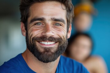 Fototapeta premium Smiling man with a beard in blue t-shirt