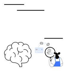 Brain outline beside person holding magnifying glass, focused on financial data and currency exchange. Ideal for finance, analytics, data visualization, problem-solving, cognitive science, business