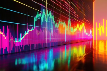 Financial graph with up trend line candlestick chart in stock market on neon color Widescreen background