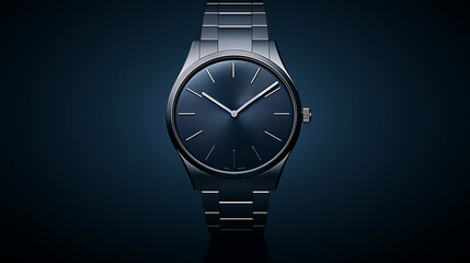 Elegant luxury stainless steel wristwatch with a sleek blue dial and minimalist design, set against a dark background, representing sophistication, timepiece excellence, precision, and style