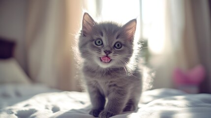 Adorable Grey Kitten Sitting On A White Bed