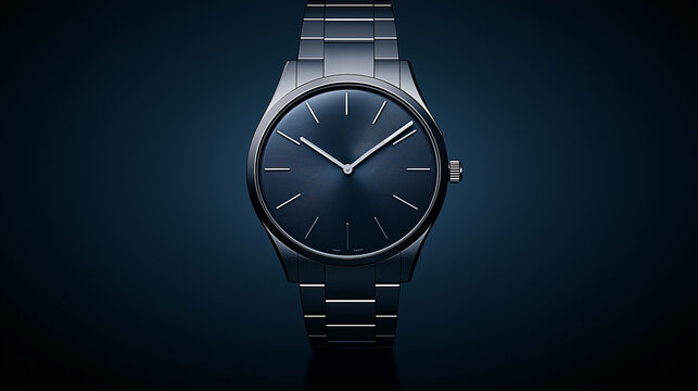 Elegant luxury stainless steel wristwatch with a sleek blue dial and minimalist design, set against a dark background, representing sophistication, timepiece excellence, precision, and style - Powered by Adobe