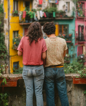 Two People Overlooking Colorful Urban Buildings