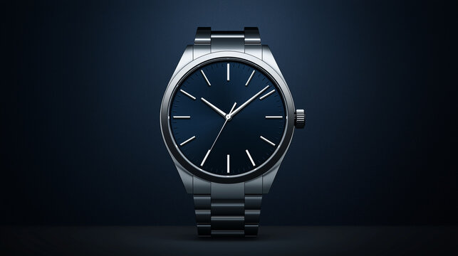 Elegant luxury stainless steel wristwatch with a sleek blue dial and minimalist design, set against a dark background, representing sophistication, timepiece excellence, precision, and style