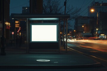 Empty urban bus stop advertisement at night with city traffic