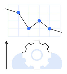 Graph arrow gear cloud in blue tones. Ideal for technology, data analysis, cloud computing, business growth, innovation, engineering, strategy. Line metaphor