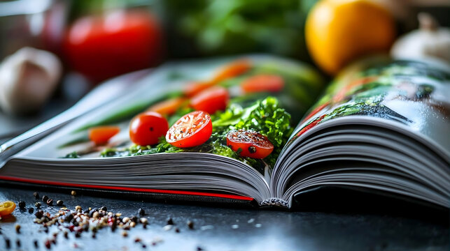 Open cookbook with fresh vegetables, cooking inspiration