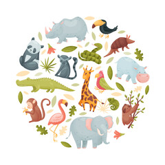 Tropical Animal and Wild African Fauna with Leaves Round Composition Vector Template