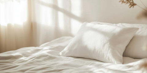 Clean and fresh bedding with white pillows on design bed in bedroom. Modern interior and household.
