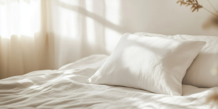 Clean and fresh bedding with white pillows on design bed in bedroom. Modern interior and household.