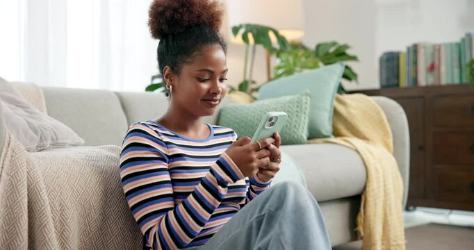 Woman, student and text with phone for good news, university application and loan acceptance. African person, happy and mobile app with education, college enrollment and scholarship notification