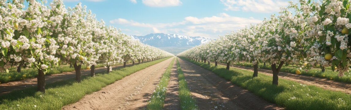 In a tranquil spring orchard, rows of blossoming fruit trees stretch towards the horizon, showcasing white flowers against lush green grass and majestic snow-capped mountains - Powered by Adobe