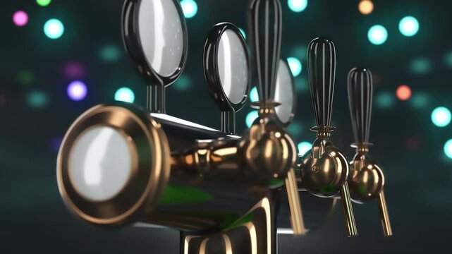 Triple tap beer dispenser tower and one tap opens and beer flows. 3d animation on blurred dark background with bokeh lights