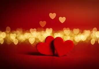A beautiful bokeh golden background with two red hearts representing love in honor of Saint Valentine's Day. Golden bokeh in the shape of hearts on a red background. Celebrating Valentine's day