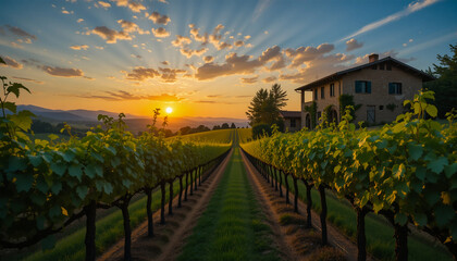Fototapeta premium Sunset Over Tuscan Vineyards – A breathtaking view of grapevines and a rustic Italian farmhouse bathed in golden light.