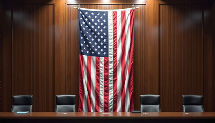  Large American flag hanging in formal conference room