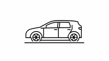 Minimalist car icon in black and white line art on Pure White Background