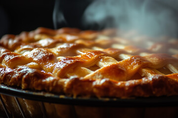 Freshly baked organic homemade steaming apple pie close up detail against kitchen background.