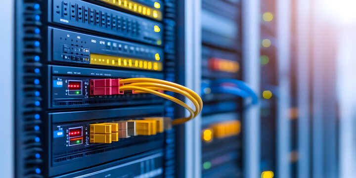 Server room with multiple ethernet connections and server racks in the IT sector, indicating data flow and internet connectivity.