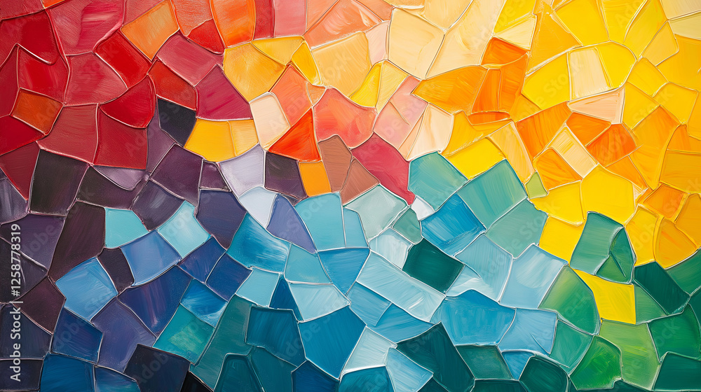 Poster a vibrant mosaic-style abstract featuring overlapping, irregularly shaped color fragments