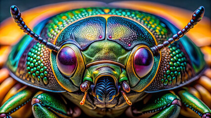 Fototapeta premium Vibrant insect captures attention with its iridescent body and detailed features. The close-up reveals vivid colors and textures in a striking display of nature's artistry
