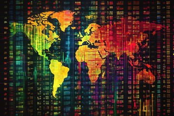 Double exposure global world map on business financial stock market trading background.