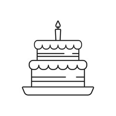 Birthday cake icon with candle in line style. Vector illustration.
