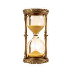 Closeup of an ornate gold hourglass against a cut out background.