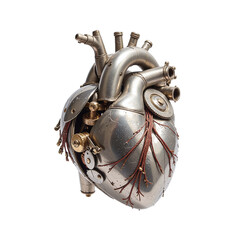 Close-up of a meticulously crafted steampunk heart sculpture, showcasing intricate gears and metalwork against a cut out background.