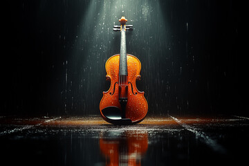 Elegant violin illuminated in dramatic lighting under rain effects on dark background for musical concept
