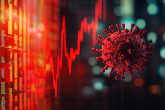 Global economic investment on stock market index down panic because of Chinese Corona Virus with graph chart candlesticks and red arrow down to imply symbol of China.