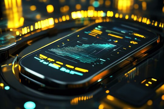 Futuristic stock exchange scene with mobile phone, chart, numbers and SELL and BUY options (3D illustration)