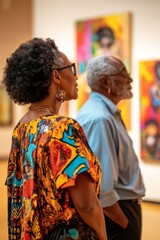 Fototapeta premium Two people observing art in a gallery