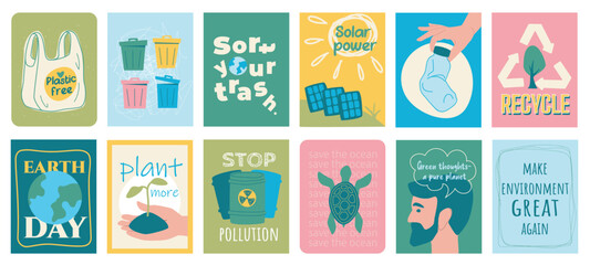 Ecology cover typography template for posters, prints. Minimalistic banners set with plastic free, trash bin, separate, sorting, solar power, recycling, Earth day, plant, other. Vector illustration.
