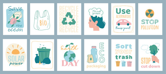 Ecology cover typography template for posters, prints. Minimalistic banners set with save ocean, recycling, think green, alternative transport, stop pollution, solar power, other. Vector illustration.