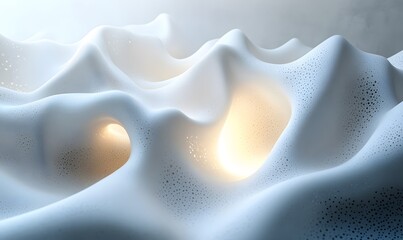Abstract image of flowing white material with glowing spots and tunnels created digitally