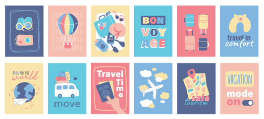 Travel cover typography template for posters, prints. Minimalistic banners set with camera, hot air balloon, luggage, bon voyage, suitcases, pillow, world trip, passport, other. Vector illustration.