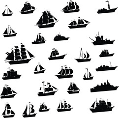 Set of ships isolated on white background Black and white vector illustration