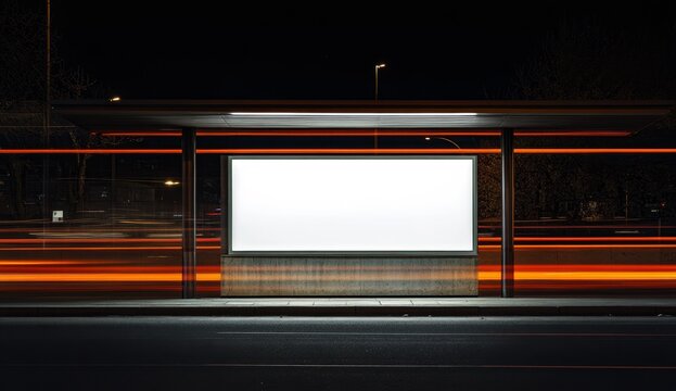 Empty billboard at night bus stop, city street, motion blur