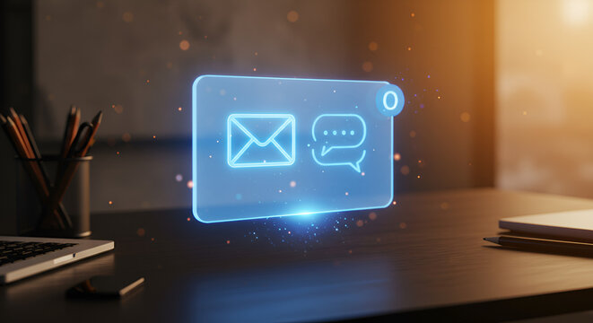 "A high-tech communication concept showing a businessman tapping on a holographic email notification interface, with glowing icons and a modern workspace in the background."