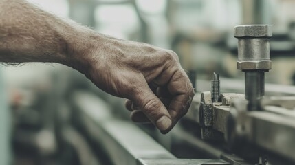 Factory worker's hand adjusting machine, industrial background