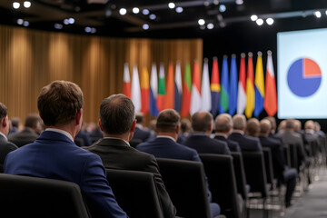 Audience at International Conference: Delegates attend a conference with flags of different countries displayed. Data chart shown on screen.