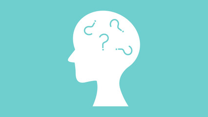 A white silhouette of a human head with question marks inside