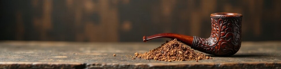 Carved pipe, loose tobacco, weathered wood backdrop, still life photography, tobacco leaves, brown tones