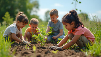 Children planting trees in community gardens. Kids work together for a greener future. Environmental responsibility in youth. Diverse children nurturing nature.